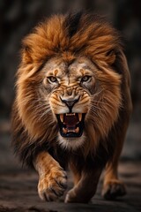 Fototapeta na wymiar Dangerous lion male moving toward camera
