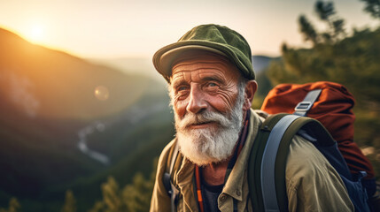 Obraz premium The old man goes camping, trekking, uniting with nature. There is a backpack and a sleeping pad on the back. Take a refreshing cough