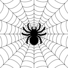 Black big scary spider sitting center of web. Spooky Halloween decoration element for your design. Silhouette of a tarantula spider. Animal clipart vector design illustration.