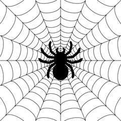 Black big scary spider sitting center of web. Spooky Halloween decoration element for your design. Silhouette of a tarantula spider. Animal clipart vector design illustration.