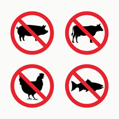 No pork, chicken, fish, and beef meat signs. No animal sign symbol icon collection vector