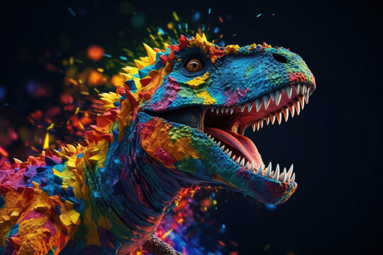 Abstract of Tyrannosaurus rex or T-rex dinosaur portrait in Cretaceous period with multi colored colorful on skin body  paint, Vibrant bright gradients background, with Generative AI.