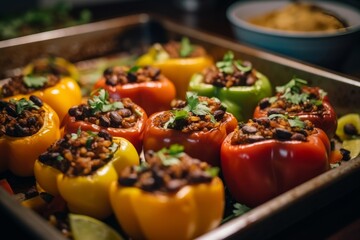 tray of vegan stuffed peppers with quinoa and black beans