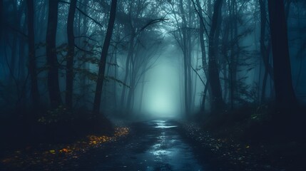 Obraz premium Mystical dark scary forest with fog and footpath. Halloween background.