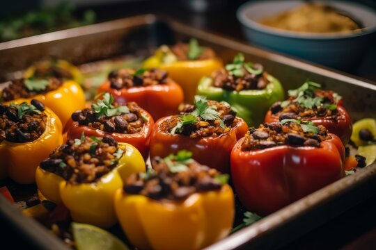 Tray Of Vegan Stuffed Peppers With Quinoa And Black Beans