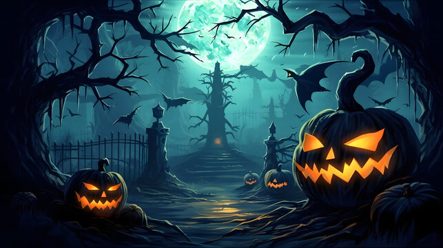 Halloween background with spooky graveyard and full moon.
