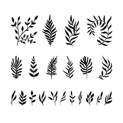 Modern botanical elements, vector leaves and palm branches. Matisse style floral decor.  - 614842935