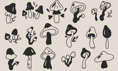 Set of psychedelic mushrooms, hallucinogenic forest plants, black and white. Cartoon fairy forest alien mushrooms, hippie style, flat design. Collection of psychedelic mushrooms.