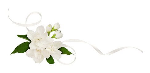 Jasmine flowers and satin ribbon in a corner floral arrangement isolated on white or transparent...