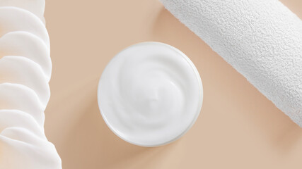 White cream in a jar and smeared cream, white towel on a beige background.