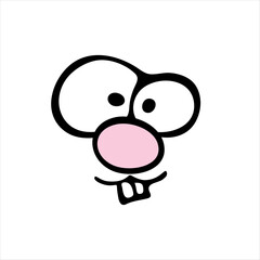 Funny crazy eyes with pink nose and two teeth. Like  rabbit or hare or rodent. For merch or fun illustration. doodle style. Cartoon face. Cute mascot emotion, fun emoji creator for logos and branding