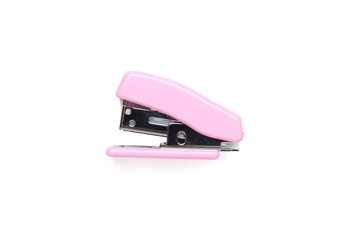 Pink stapler isolated on white, top view