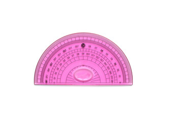 Pink transparent protractor isolated on white, top view