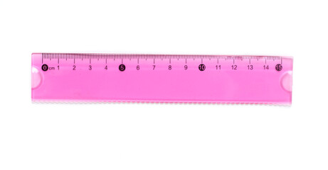 Pink transparent ruler isolated on white, top view