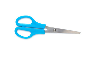 Blue scissors isolated on white, top view