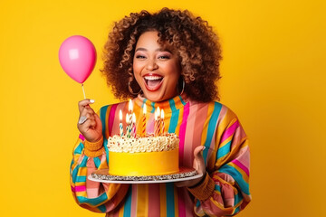 Beautiful african american woman with colorful cake celebrating birthday on yellow background. Cheerful and happy face. Generative AI