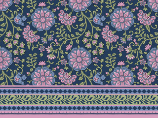 BEAUTIFUL HAND DRAWN BLOCK PRINT KALAMKARI STYLE FLORAL WITH BORDER SEAMLESS PATTERN ALL OVER PRINT