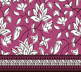 BEAUTIFUL HAND DRAWN BLOCK PRINT KALAMKARI STYLE SEAMLESS FLORAL WITH BORDER