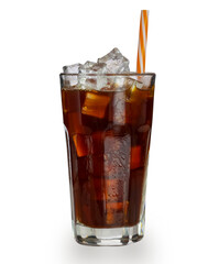 Cold brown drink with transparent tall glass with water droplets. Closeup cold americano coffee with ice cubes and straw side view isolated on white background. 