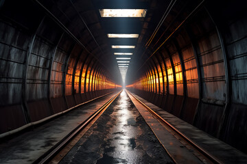A long, dark tunnel with a wet floor and a bright light in the back
