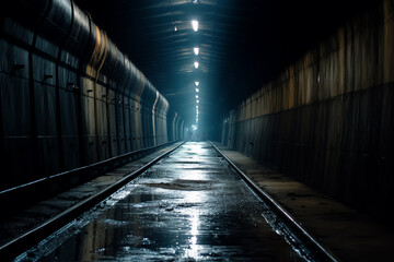 A long, dark tunnel with a wet floor and a bright light in the back