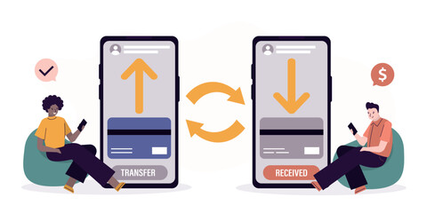 International money transfer and safe transactions. Multiethnic users sends and receives money in mobile banking app. Easy banking concept. Virtual bank card, ecommerce. vector flat illustration