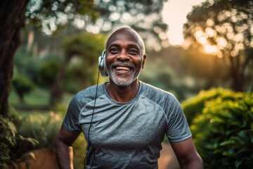 Naklejka na ściany i meble Happy black man running in park with music Smiles and simulations in nature Park and exercise. Senior man. Outdoor runner and exercise motivation.
