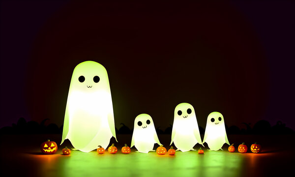 cute ghost and Pumpkins in pastel tone cute are celebrate the halloween festival 3d glowing. Happy Halloween pumpkins, cute ghost, trick fantasy fun party, Online, Generative AI, illustration