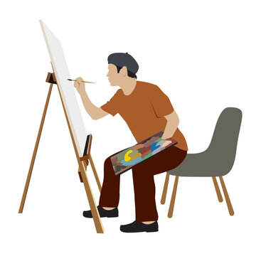 Man artist painting flat style vector image , man painting a painting with oil paint or water colors 