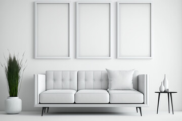 three empty blank frames with white sofa in a room, trendy vase and decoration, a template for designer using Generative Ai technologie