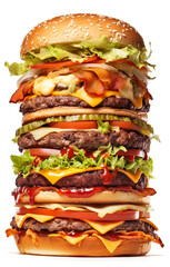 High huge hamburger fast food cheeseburger generative AI illustration isolated on white background. Junk food concept - obrazy, fototapety, plakaty