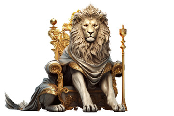 Obraz premium The Royal White lion with luxury dress costume. Close up Portrait King lion with throne and crown isolated on clear png background. Generative AI.