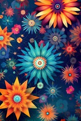 Fototapeta na wymiar Geometric flowers background, vivid colors wallpaper texture Generative AI