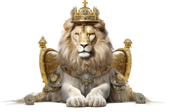 The Royal White lion with luxury dress costume. Close up Portrait King lion with throne and crown isolated on clear png background. Generative AI.