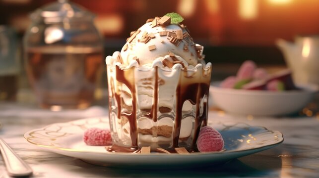 chocolate cake with whipped cream HD 8K wallpaper Stock Photographic Image