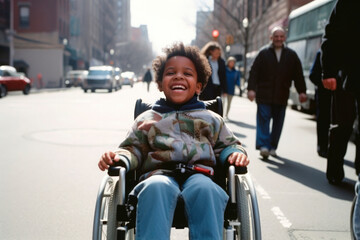 AI generated portrait of candid authentic joyful happy disabled child boy wheelchair outdoor spring