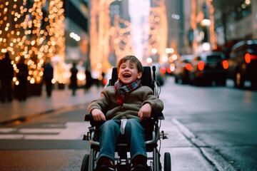 AI generated portrait of candid authentic joyful happy disabled child boy wheelchair outdoor winter