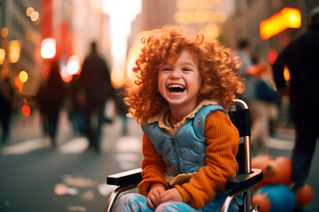 AI generated portrait of candid authentic joyful happy disabled child girl wheelchair outdoor fall