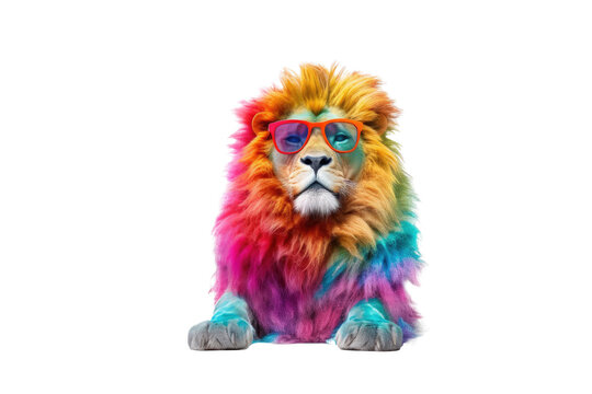 Abstract animal king of Lion portrait with colorful Afro hairs wearing sunglasses in Hawaii dress theme isolated on clear png background, Vibrant bright, with Generative AI.