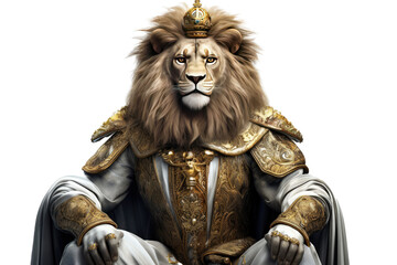 The Royal King graceful lion with luxury dress costume. Close up Portrait King lion with throne and crown isolated on white background. Generative AI.