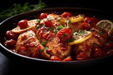 Pollo alla Cacciatora with slices of chicken, tomatoes, garlic, and herbs