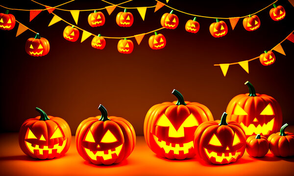 background image Pumpkins In The Spooky Night cute are celebrate the halloween festival 3d glowing. Happy Halloween pumpkins, cute ghost, trick fantasy fun party, Online, Generative AI, illustration