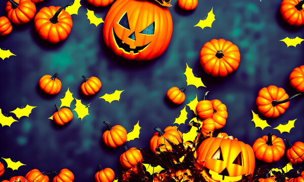 background image Pumpkins In The Spooky Night cute are celebrate the halloween festival 3d glowing. Happy Halloween pumpkins, cute ghost, trick fantasy fun party, Online, Generative AI, illustration
