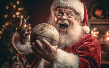 Obraz premium Joyful Santa Claus laughs and holding a decorative Christmas ball