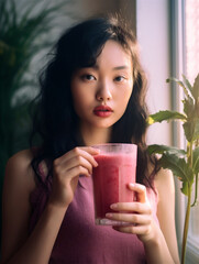 Beautiful asian woman drinking a pink smoothie in a glass, ai generated