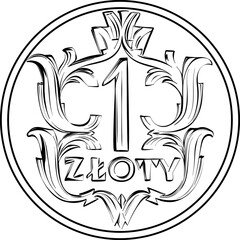 vector reverse Polish Money one zloty silver coin 1929, Black and white