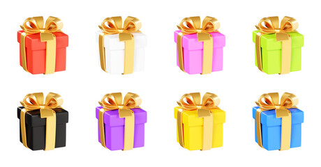 Gift box with golden ribbon and bow 3d illustration set - closed present packages of various color with gold decoration.