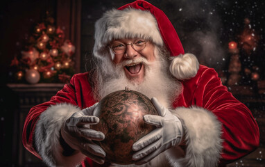 Joyful Santa Claus laughs and holding a decorative Christmas ball