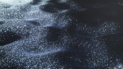 Abstract background with silver magic shiny glow glitter sand waves. Luminescent bioluminescent monochrome wallpaper. Night desert moonlight. 4K 3D computer graphics render