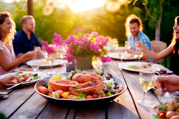 Obraz na płótnie Canvas Gente feliz almorzando en una hermosa mesa en el jardín. Concepto de estilo de vida juvenil, comida y bebida en el exterior disfrutando de una fiesta en el restaurante.